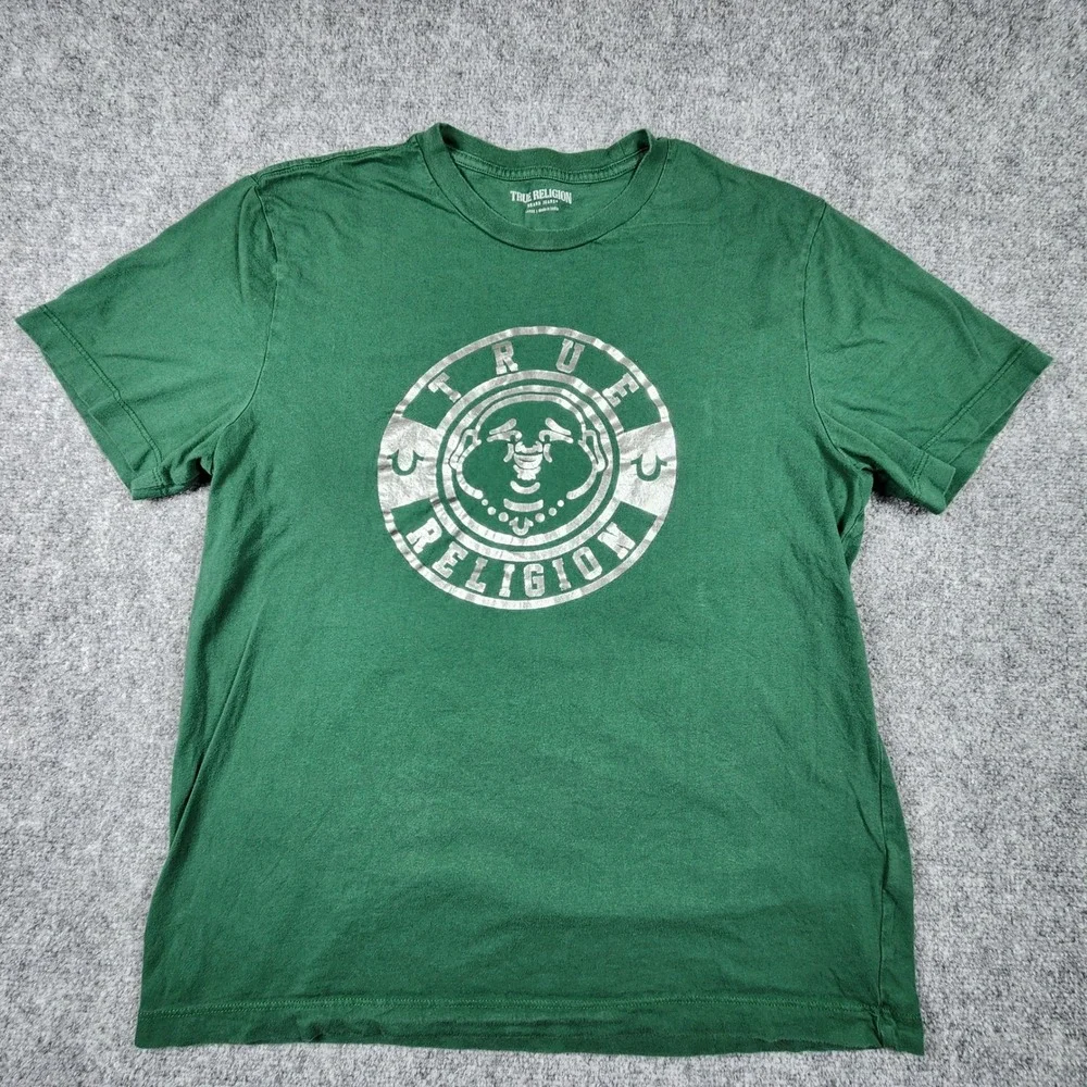 True Religion Mens Green Silver Buddha Logo Graphic T-Shirt Cotton Large